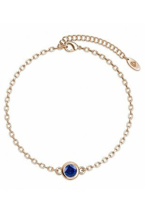 Goldfarbener Kettenarmreifen mit einem zentralen runden blauen Edelstein, zartes Glieddesign und verstellbarem Verschluss für eine optimale Passform.