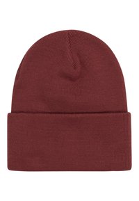 Knit beanie in dark red. Features a soft, textured fabric, a folded cuff, and a tapered top. Suitable for casual wear in colder weather.