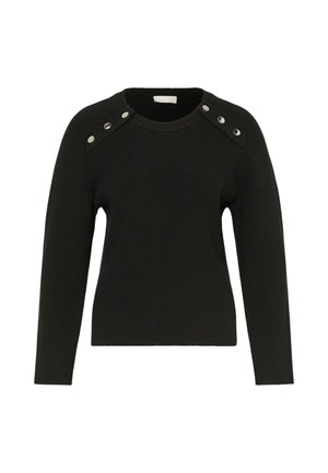 Maglione nero a coste con scollo tondo, maniche lunghe e dettagli a pressione argento sulla spalla per un tocco di design in più.