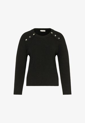 Zwarte geribbelde trui met een ronde hals, lange mouwen en zilveren drukknoopdetails op de schouder voor een extra design.