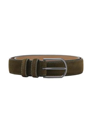Suede belt in olive green with a smooth texture, featuring a silver buckle and contrasting white stitching along the edges.