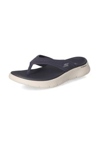 Navy blue flip-flop with a textured fabric strap and a cushioned, lightweight white sole featuring a wave pattern for grip and support.