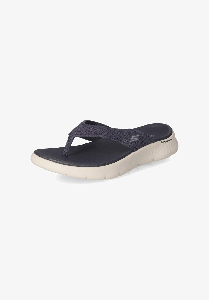 Navy blue flip-flop with a textured fabric strap and a cushioned, lightweight white sole featuring a wave pattern for grip and support.