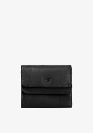 Portefeuille plié en cuir noir avec un petit logo embossé sur le rabat avant, design simple et compact.