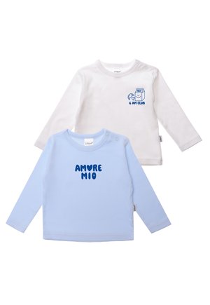 Two long-sleeve toddler shirts, one white with a blue milk carton and "6 AM CLUB," one light blue with "AMORE MIO" in dark blue.