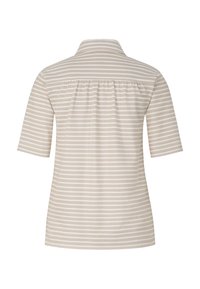 Chemise à manches courtes rayée horizontalement beige et blanche avec col, empiècement dos froncé, vue de dos.