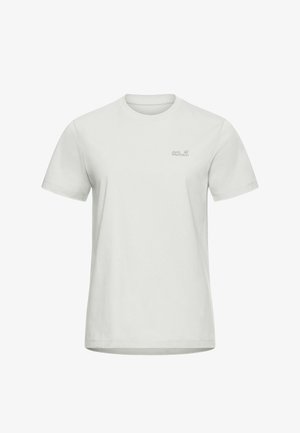 Lichtgrijs katoenen T-shirt met een ronde hals, korte mouwen en een klein logo op de linkerbuste. Soepele textuur en een casual pasvorm.