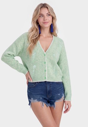 Kvinde med langt blondt hår iført lys grøn knapfast cardigan, mørkeblå revnede denimshorts og lange blå kvastøreringe, poserer.