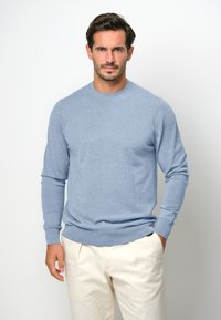 Hellblauer Rundhalsausschnitt-Pullover, weicher Textilstoff, taillierter Schnitt, gerippte Bündchen und Saum, kombiniert mit cremefarbener Hose.