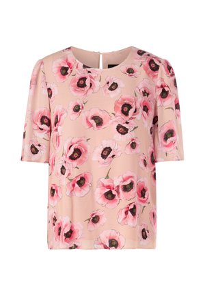 Short-sleeve blouse in light pink fabric featuring large floral print in shades of pink and black, with a keyhole back detail.