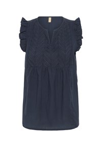 Haut bleu marine à manches courtes avec panneau en dentelle et épaules volantes ; présente un décolleté en V et une taille froncée, fabriqué en tissu léger.