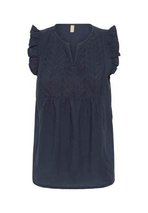 Haut bleu marine à manches courtes avec panneau en dentelle et épaules volantes ; présente un décolleté en V et une taille froncée, fabriqué en tissu léger.