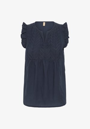 Mörkblå kortärmad topp med spetspanel och volangärmar; har en V-ringning och resårmidja, tillverkad av lättviktsmaterial.