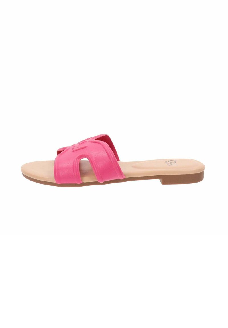 Infradito rosa brillante con una parte superiore testurizzata caratterizzata da elementi di design intagliati, completati da una suola piatta e una soletta liscia beige.
