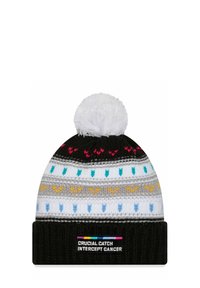 Strickmütze mit einem weißen Pompon, versehen mit schwarz-, grau- und weißen Streifen. Farbige Pfeilmuster in Pink, Blau, Gelb und Grün. Schwarzer Umschlag.