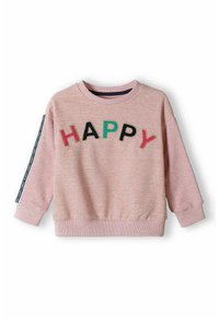 Rózsaszín pulóver kerek nyakkal, több színben hímzett "HAPPY" felirattal az elülső részen, tengerészkék részletekkel az ujjak mentén.