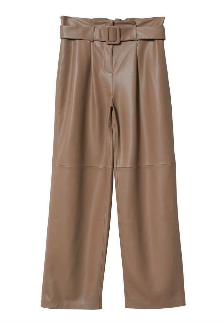 Mango Leren broek zandkleur