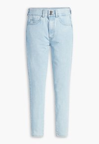 Jeans de mezclilla azul claro con cintura alta, silueta ajustada, cierre de doble botón y diseño tradicional de cinco bolsillos. Textura suave.