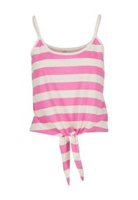 Roze en witte gestreepte tanktop met dunne schouderbandjes en een geknoopte zoom bij de taille. Gemaakt van zachte, lichte stof.