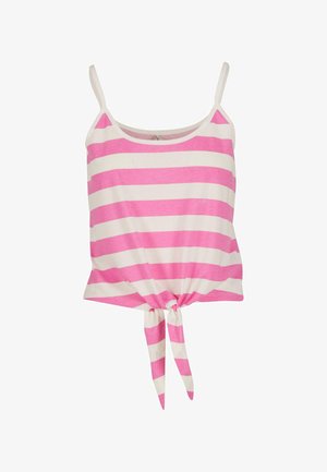 Różowa i biała w paski bluzka na ramiączkach z cienkimi szelkami i węzłem na dole w talii. Wykonana z miękkiego, lekkiego materiału.