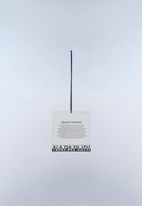 Etichetta dei vestiti con la dicitura "Trattamento speciale" con istruzioni per la cura, appesa da un filo nero, con il nome del marchio "NAPAPIJRI" in fondo.