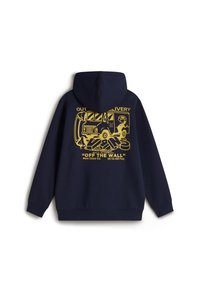 Mörkblå sweatshirt med dragsko och en gul grafisk design på baksidan, som föreställer en leveransbil och textelement.