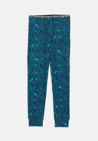 Pantalons de pyjama turquoise avec un motif de feuilles de palmier, dotés d'une taille élastique, d'un cordon de serrage et de poignets fuselés aux chevilles.