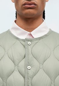 Ανοιχτό πράσινο επενδυμένο εξωτερικό ρούχο με υφασμάτινο σχέδιο, διαθέτει γκρίζα λεπτομέρεια και κλείσιμο με ασημί κουμπί, τοποθετημένο πάνω από ροζ πουκάμισο με γιακά.