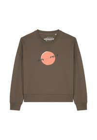 Bruine sweatshirt met een cropped ontwerp, voorzien van een roze cirkelvormige grafiek met vogels op een draad. Zachte textuur, geribbelde manchetten en zoom.