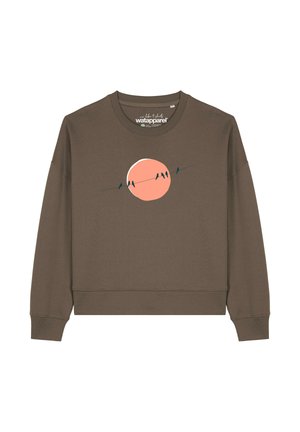 Bruine sweatshirt met een cropped ontwerp, voorzien van een roze cirkelvormige grafiek met vogels op een draad. Zachte textuur, geribbelde manchetten en zoom.