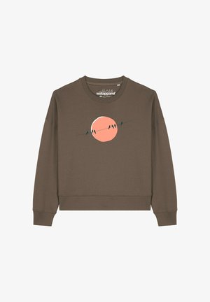 Bruine sweatshirt met een cropped ontwerp, voorzien van een roze cirkelvormige grafiek met vogels op een draad. Zachte textuur, geribbelde manchetten en zoom.