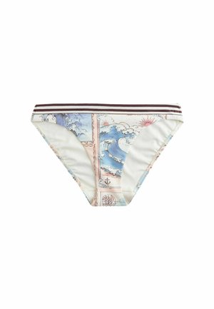 Dół bikini o niskim stanie z nadrukiem o tematyce morskiej, przedstawiającym fale oceanu, słońce, kotwicę i kompas, oraz z paskiem w paski.