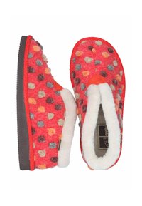 Red fuzzy slippers with multicolored polka dots, white plush lining, and black rubber soles, shown from top and side views.