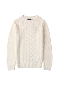 Helles Cremefarbenes Kabelstrickpullover mit einem gerippten Rundhalsausschnitt und Bündchen. Verfügt über strukturierte Zöpfe und ein weiches, dickes Strickmuster.