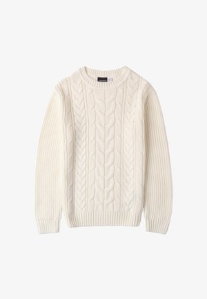 Helles Cremefarbenes Kabelstrickpullover mit einem gerippten Rundhalsausschnitt und Bündchen. Verfügt über strukturierte Zöpfe und ein weiches, dickes Strickmuster.
