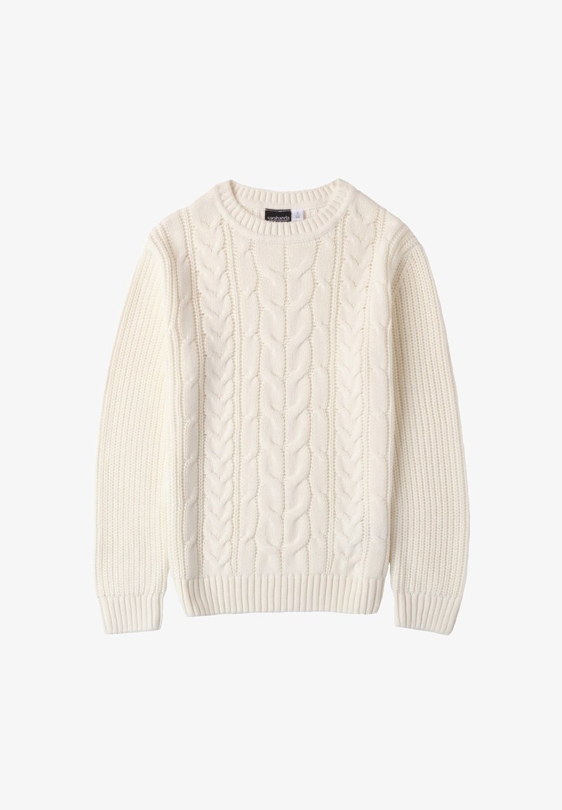 Jasna kremowa sweter w warkocze z okrągłym dekoltem i ściągaczami. Posiada teksturowane warkocze oraz miękki, gruby wzór dzianiny.