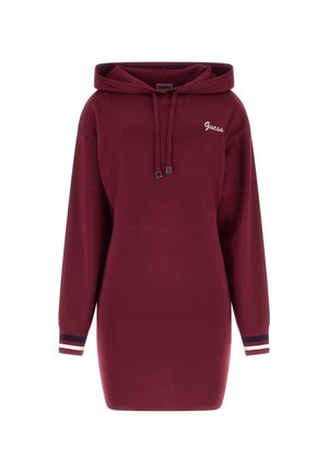 Bordeaux hoodie jurk met een trekkoordcapuchon, lange mouwen, ribgebreide manchetten met marineblauwe en witte strepen, en geborduurd logo op de borst.