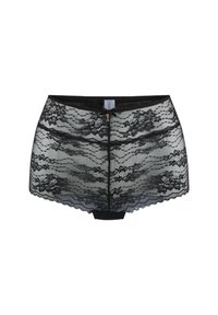 Culotte en dentelle noire avec un motif floral, design semi-transparent, bords festonnés et un petit accent doré au centre avant.