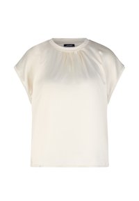 Cremefarbige Bluse aus glattem Stoff. Verfügt über einen runden Ausschnitt, kurze Ärmel und dezente Raffung an der Vorderseite für Textur.