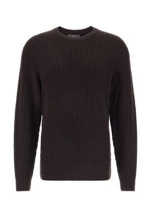 Donkerbruin gebreid sweater met een gestructureerd patroon, ronde hals en ribbels aan de mouwen en onderkant. Gemaakt van zacht materiaal, biedt een relaxte pasvorm.