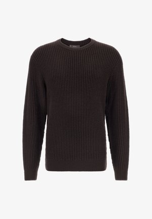 Donkerbruin gebreid sweater met een gestructureerd patroon, ronde hals en ribbels aan de mouwen en onderkant. Gemaakt van zacht materiaal, biedt een relaxte pasvorm.