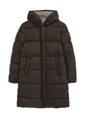 Lungo cappotto imbottito marrone scuro con cappuccio, trapuntatura orizzontale, due tasche frontali e una morbida fodera beige all'interno del cappuccio.