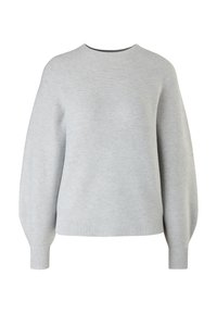 Hellgrauer Strickpullover mit rundem Halsausschnitt, langen Ärmeln, gerippten Bündchen und Saum, der durch ein strukturiertes Muster verziert ist.