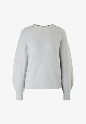Hellgrauer Strickpullover mit rundem Halsausschnitt, langen Ärmeln, gerippten Bündchen und Saum, der durch ein strukturiertes Muster verziert ist.