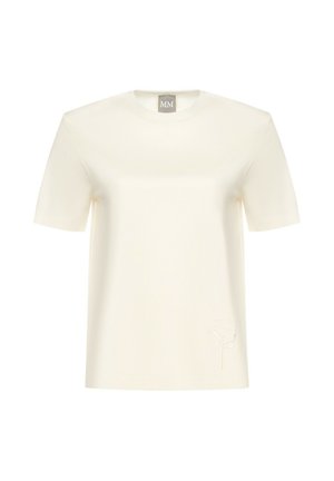 T-shirt a maniche corte color crema realizzato in tessuto morbido, con un delicato fiore ricamato sul lato sinistro in basso. Design classico con scollatura a girocollo.