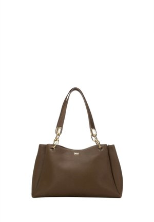 Borsa a mano in pelle marrone con due spallacci e dettagli in metallo color oro, piccolo logo "Xti" al centro davanti.