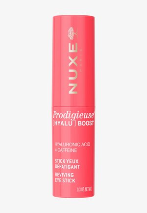 Korallenrosa NUXE Prodigieuse Hyalu Boost belebender Augenstift mit Hyaluronsäure und Koffein, 0,3 oz Verpackung.