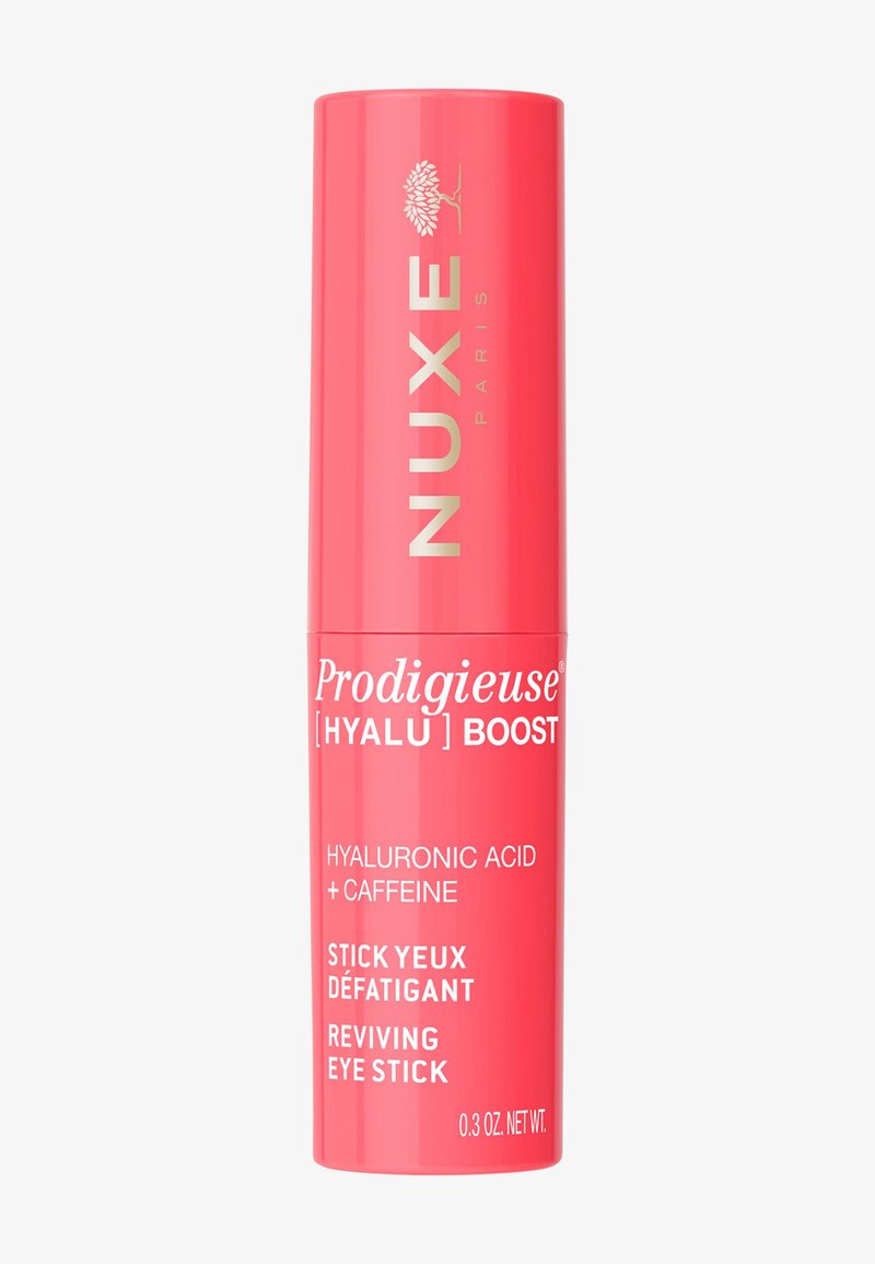 Korallenrosa NUXE Prodigieuse Hyalu Boost belebender Augenstift mit Hyaluronsäure und Koffein, 0,3 oz Verpackung.