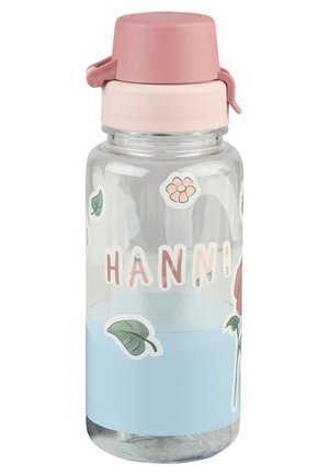 Transparent plastic water bottle with a pink screw-top lid, adorned with floral and leaf stickers, featuring a light blue band near the base.