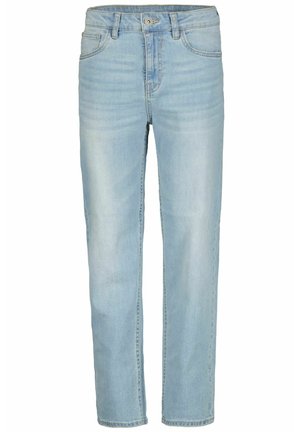 Jeans de denim azul claro con corte recto, cinco bolsillos y cierre frontal con botón. Textura suave y detalles de desvanecimiento sutil.